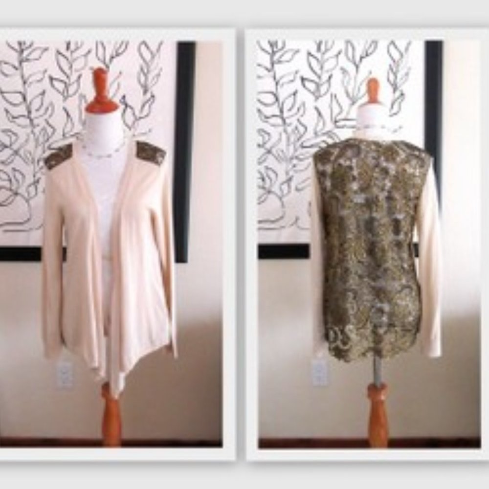 MAISON JULES off white cardigan sweater with gold & black metallic lace